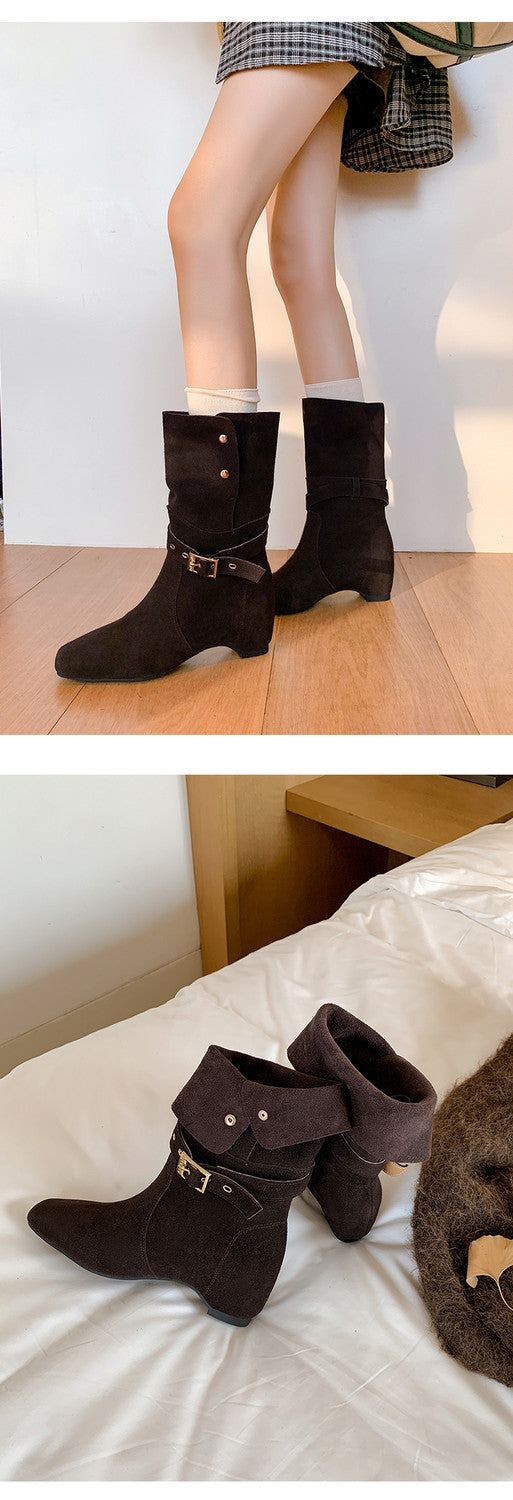 Karin Luna Foldable Belt Buckle Square Toe Hidden Wedge Short Boots