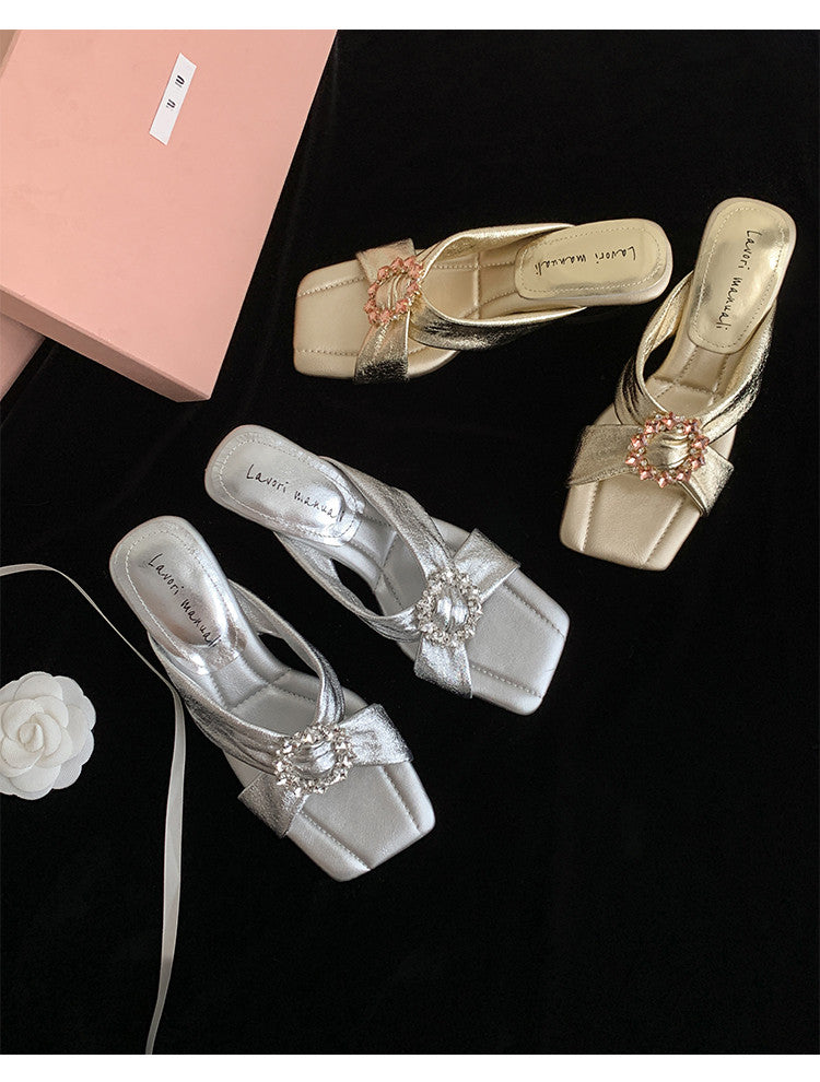 Karin Luna In Stock In Stock Elegant Square-Toe Cross-Strap Rhinestone Square-Toe Slippers
