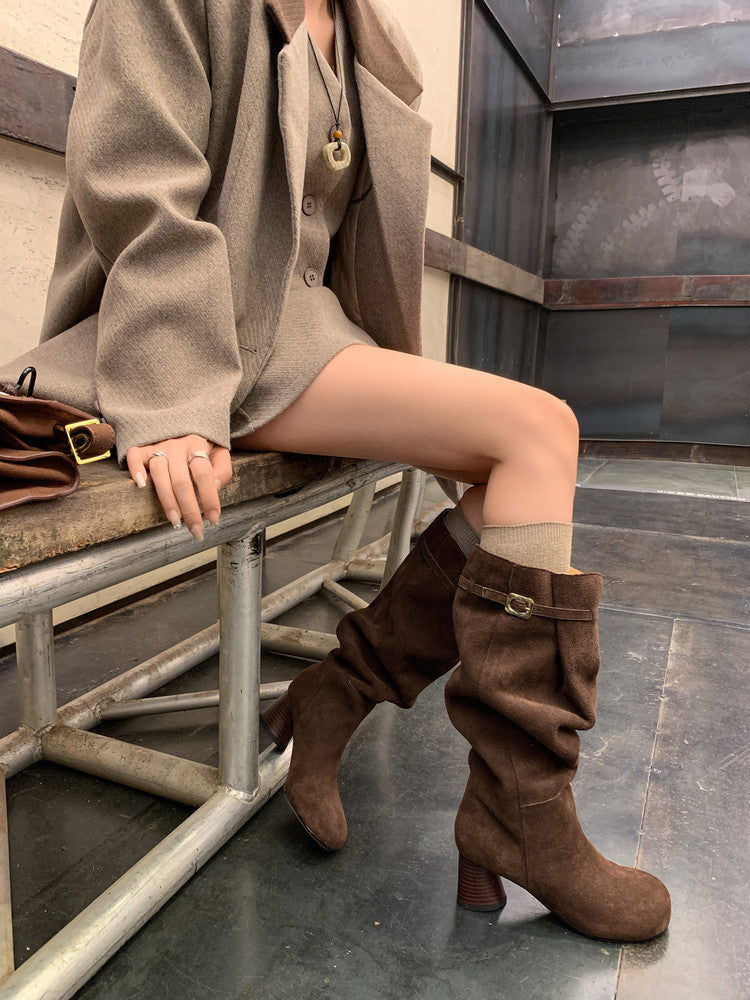 Karin Luna In Stock In Stock Mango Head Large Tube Belt Buckle Chunky Heel Long Boots