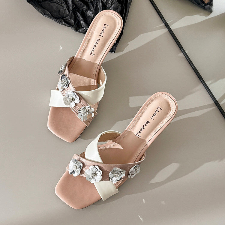 Karin Luna In Stock Spot Goods  Sequin Floral Cross Strap Square Toe Stiletto Slippers