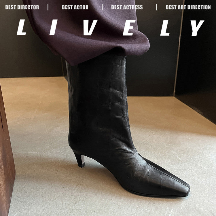 Karin Luna In Stock Spot Goods Top Layer Stone Pattern Cowhide Textured Small Square Toe Straight Short Boots