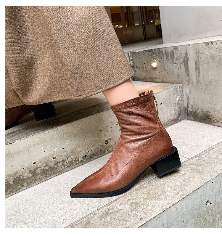 Karin Luna Elegant Style Pointed Toe Chunky Heel Short Boots