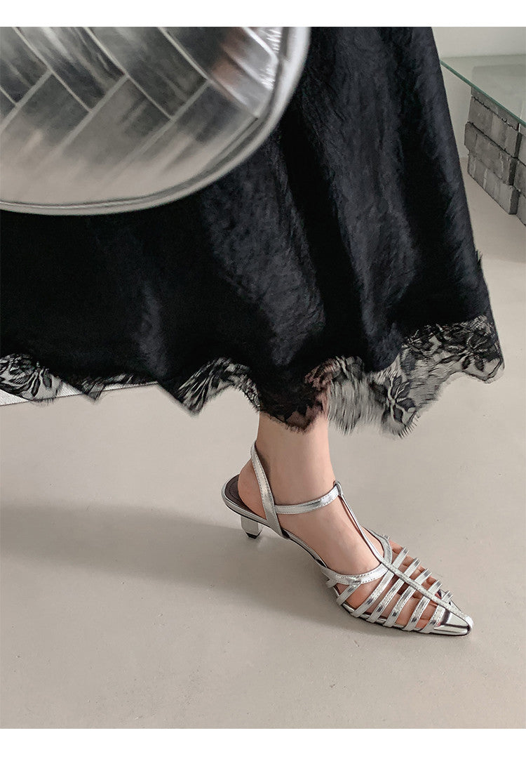 Karin Luna French Hollow Toe Metal Heel Elegant Sandals