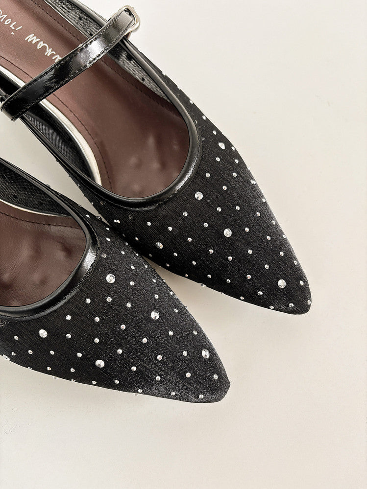 Karin Luna In Stock Spot Goods  Breathable Mesh Fabric Embellished Hand Drill Pointed Toe Slippers