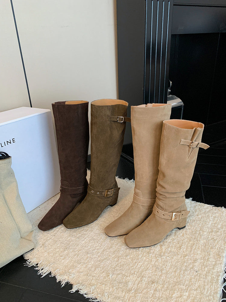 Karin Luna Data Model Belt Buckle Matte Square Toe Hidden Wedge Slouch Western Boots