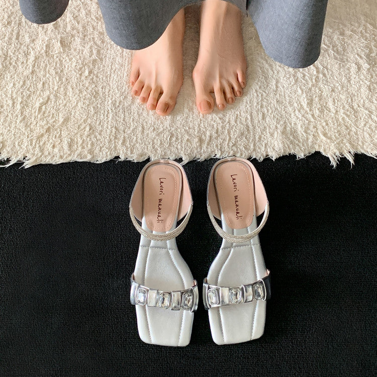 Karin Luna Bestseller Popular Rhinestone Ribbon Square Toe Slippers