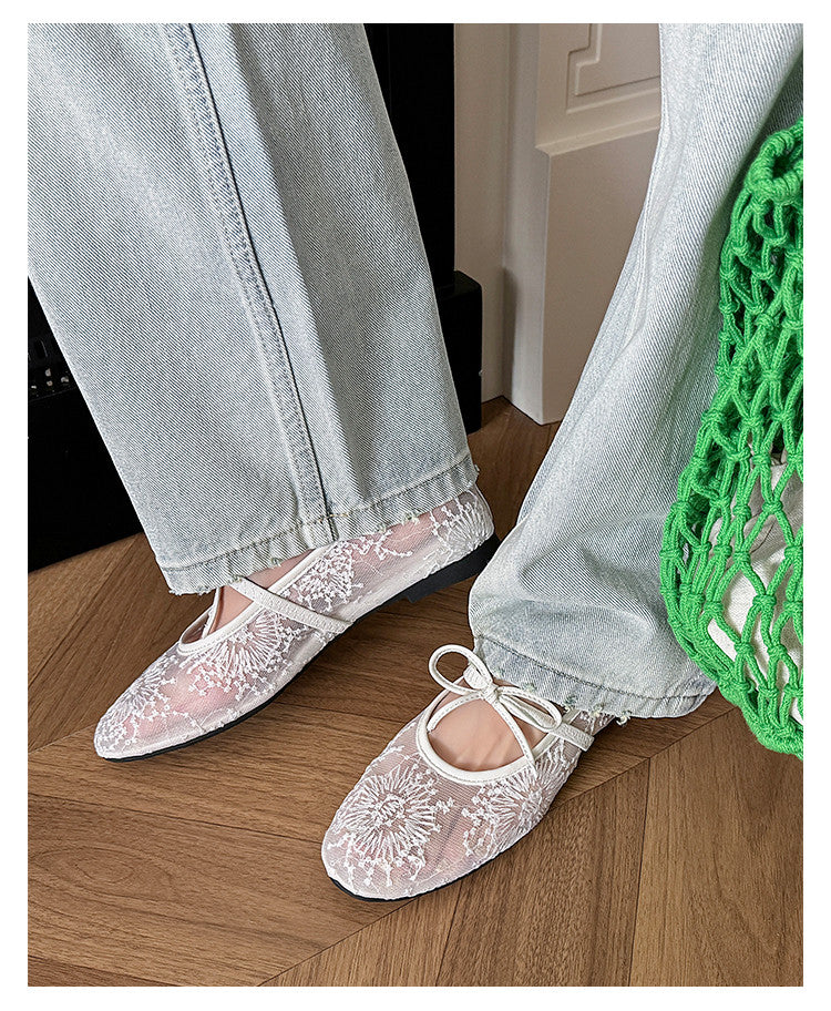 Karin Luna In Stock Spot Goods  Summer Breathable Retro Embroidered Bow Granny Shoes