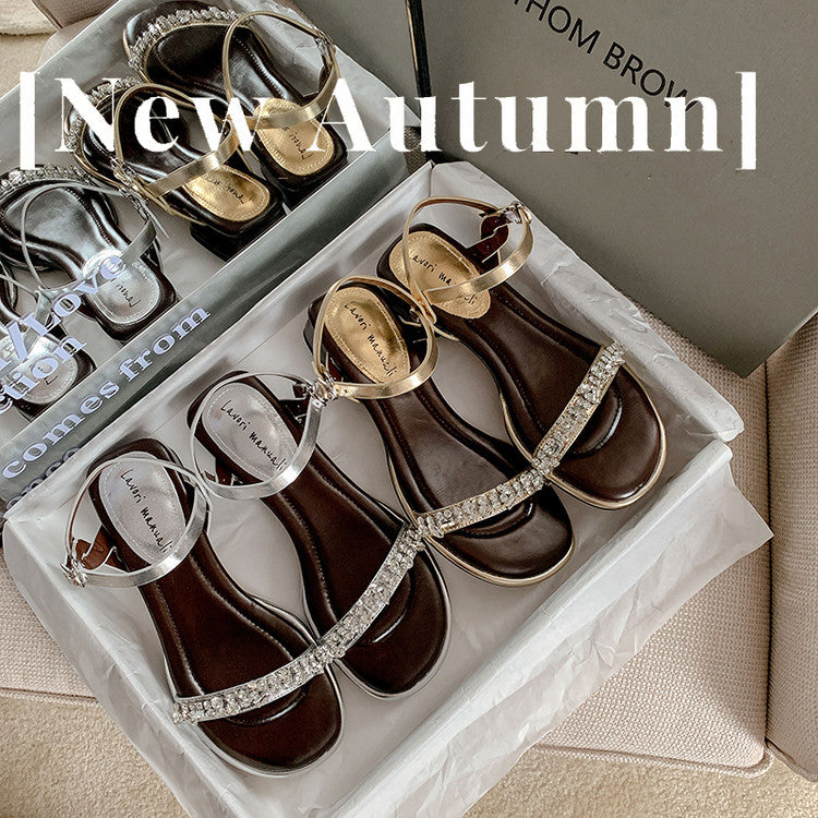 Karin Luna In Stock In Stock  Rhinestone Strap Round Toe Chunky Heel Sandals