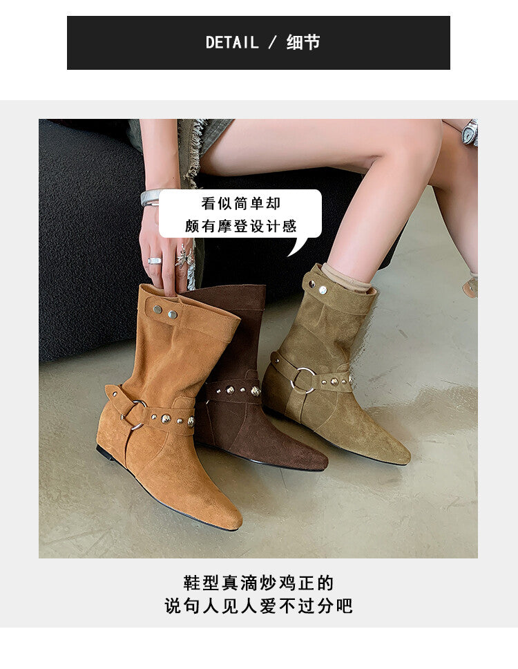 Karin Luna has prepared stock  Hot-Selling Retro Pointed Toe Wedge Metal Buckle High Tube Western Boots