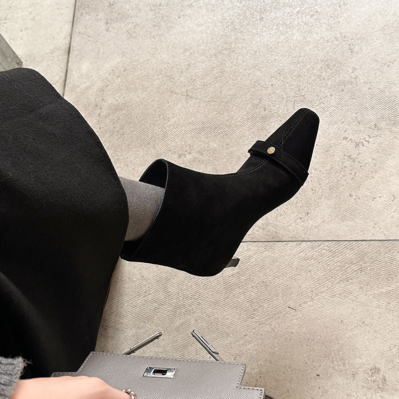 Karin Luna Elegant Style Small Square Toe Belt Buckle Thin Heel Short Boots