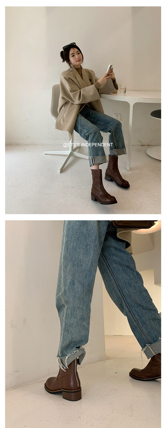 Karin Luna In Stock Spot Goods  Full-grain leather inside and out   Minimalist Texture  Round Toe Flat Bottom Basic Short Boots
