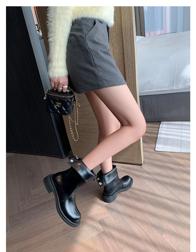Karin Luna Classic Basic Style   Convertible Foldable Hidden Buckle Snow Fur Shoes Full cowhide Basic Flat Short Boots