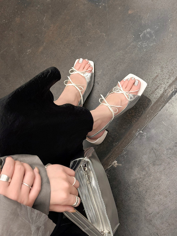 Karin Luna In Stock Spot Goods Square Toe Double Bow Thick Heel Sandals