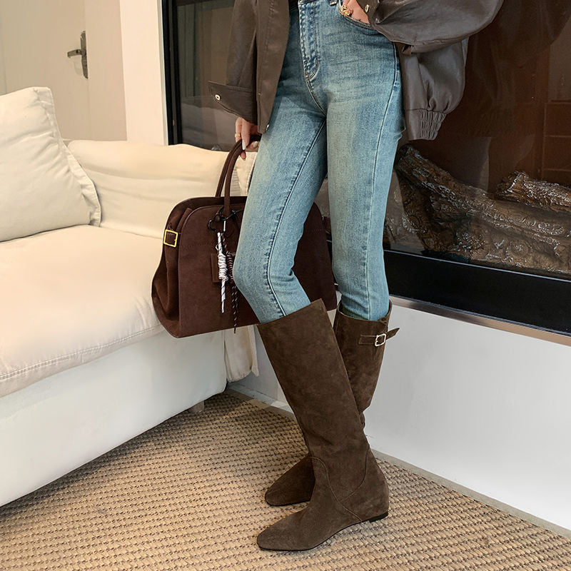 Karin Luna In Stock Spot Goods Vintage Cowhide Leather Chunky Heel Height Increasing Long Boots