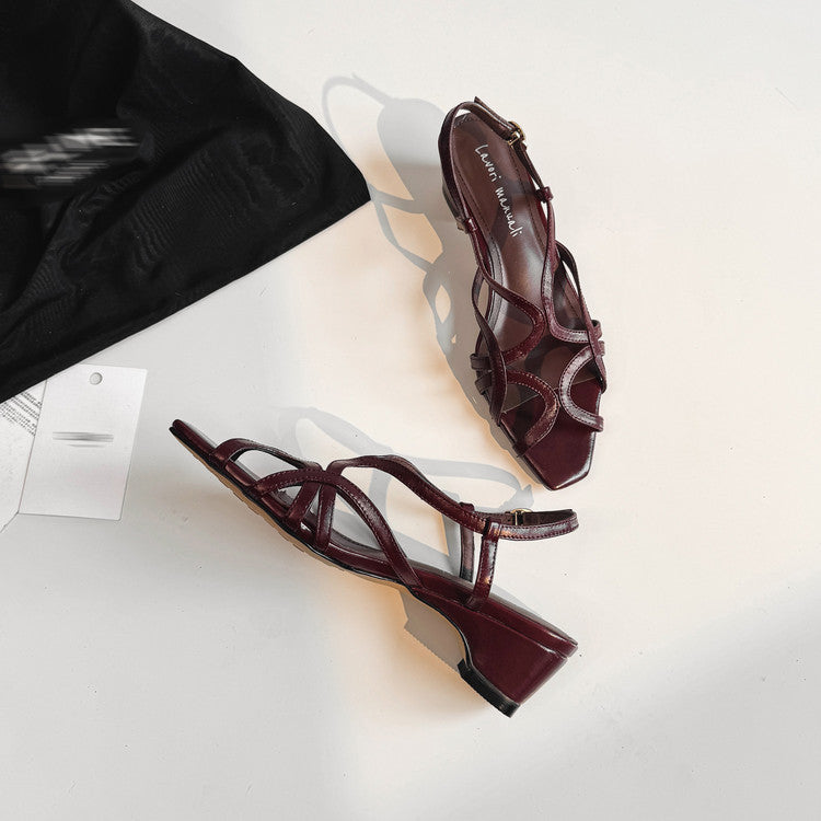 Karin Luna French Hollow Style Small Square Toe Chunky Heel Sandals