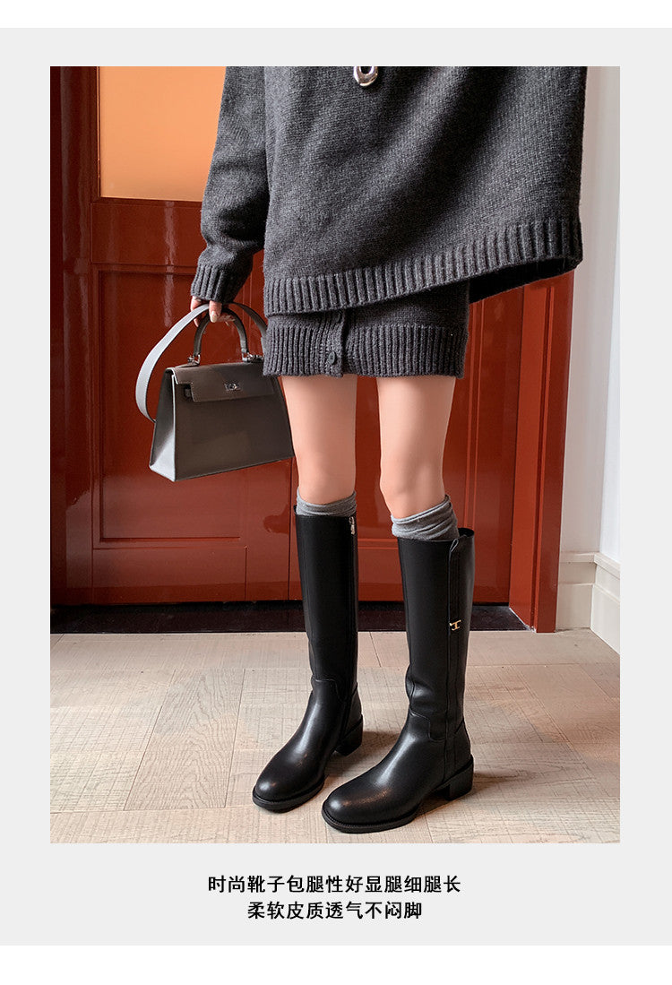 Karin Luna In Stock Spot Goods Basic Retro Square Toe Chunky Heel Riding Boots