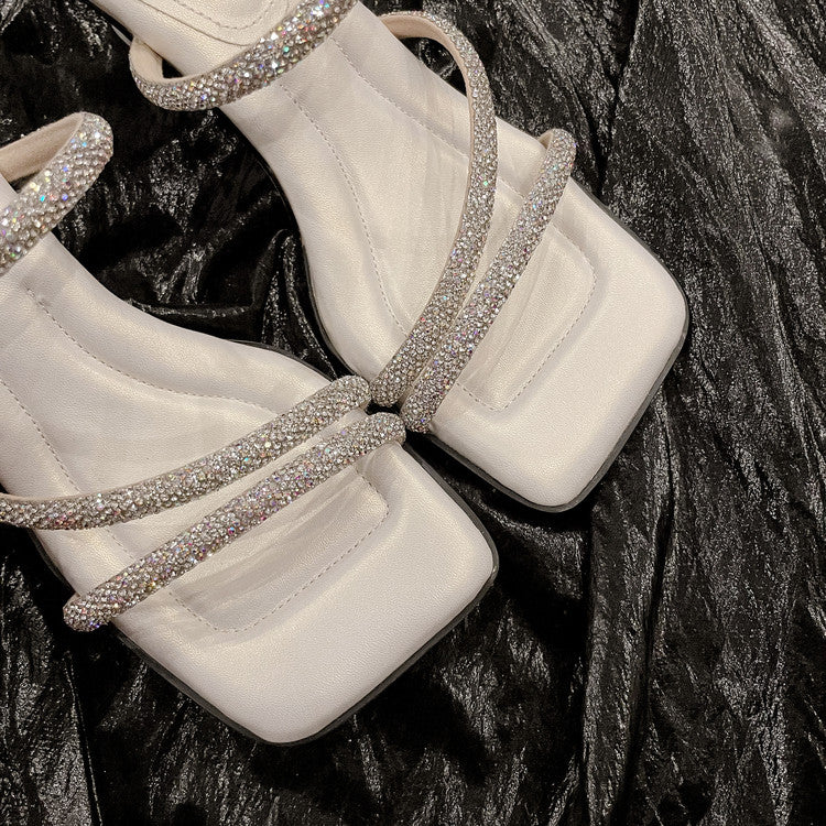 Karin Luna In Stock Spot Goods  Minimalist Versatile Square Toe Rhinestone Strap Open-Toe Sandals