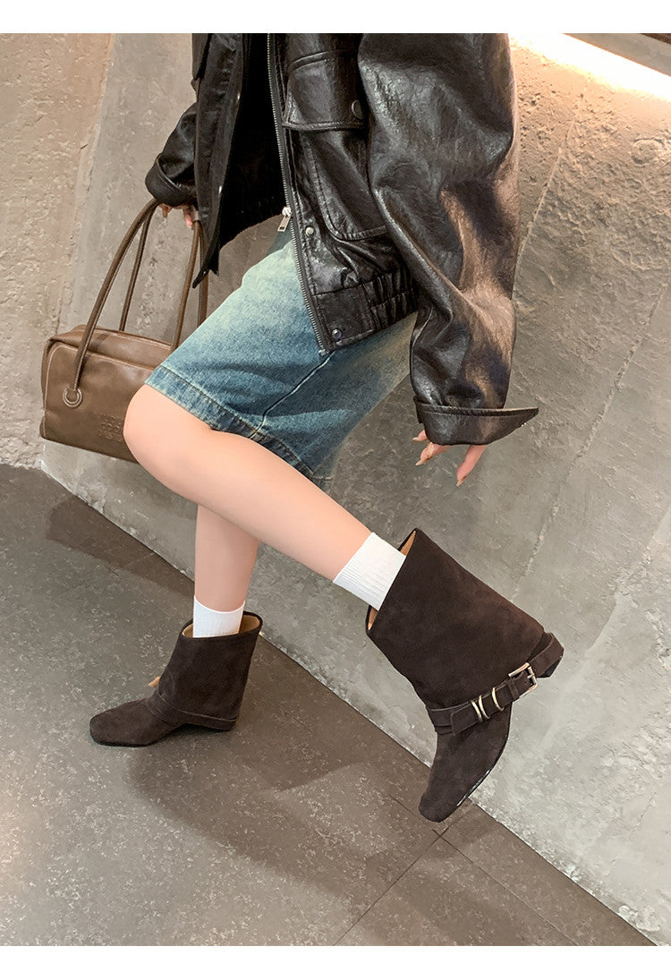 Karin Luna Data Hot Item Square Toe Hidden Wedge Belt Buckle Suede Ankle Boots