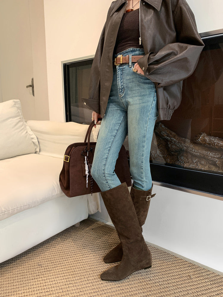 Karin Luna In Stock Spot Goods Vintage Cowhide Leather Chunky Heel Height Increasing Long Boots