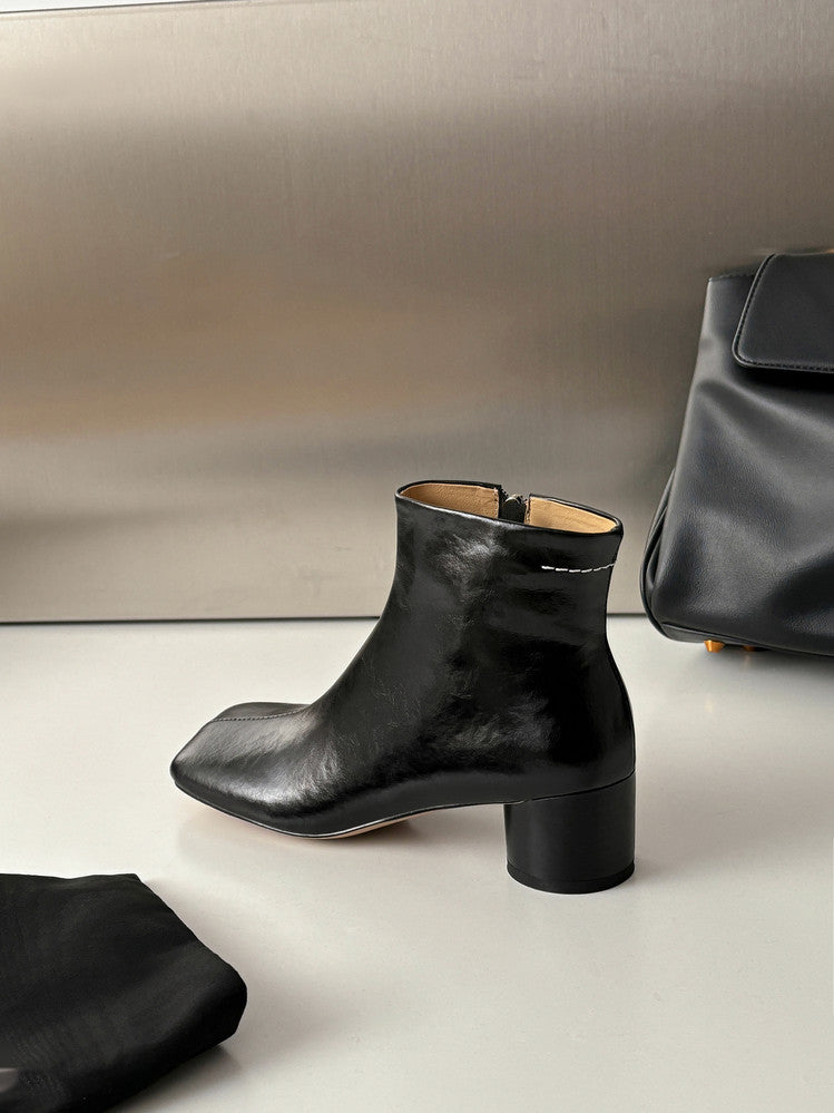 Karin Luna French Style Square Toe Chunky Heel Ankle Boots