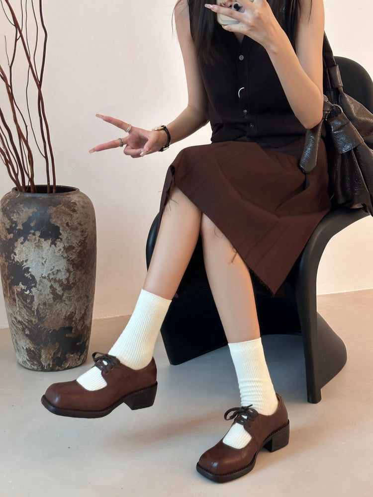 Karin Luna In Stock Spot Goods   Full leather inside and out Vegetable Tanned Hand-Grabbed Sheepskin Square-Toed Chunky Heel Single Shoes