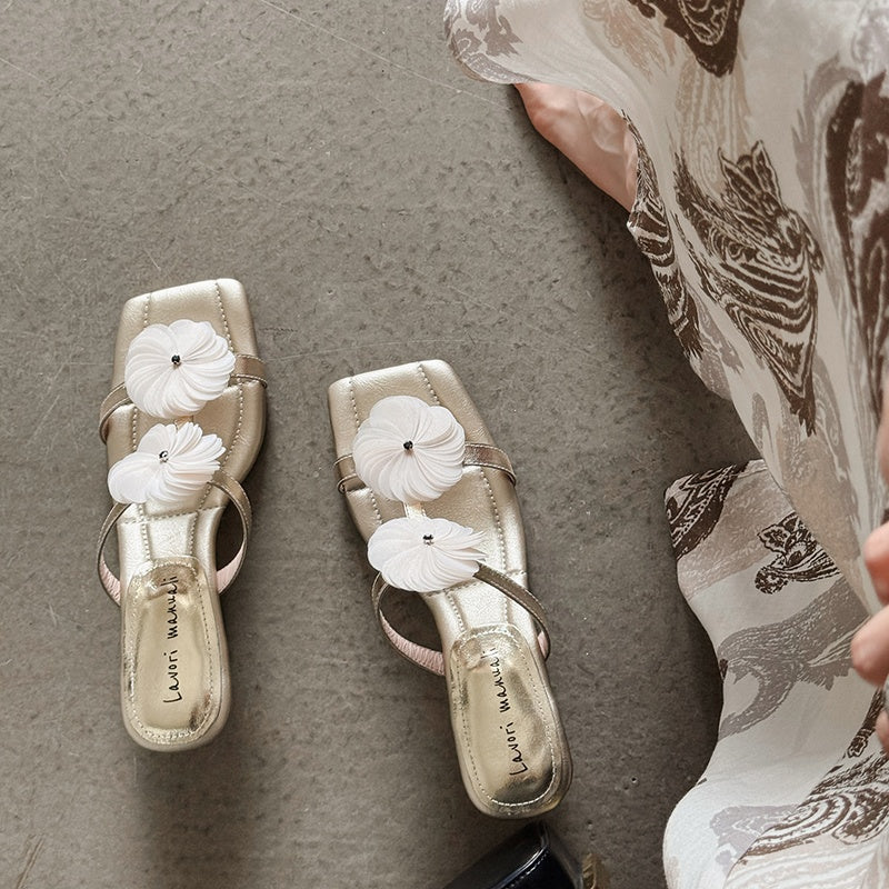 Karin Luna Hot-Selling Floral Square Toe Irregular Heel Floral Slippers