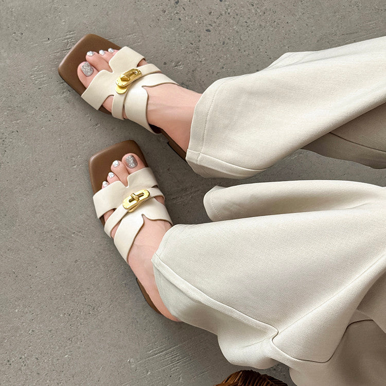 Karin Luna Comfortable Gold Buckle Square Toe Chunky Heel Casual Style Slippers