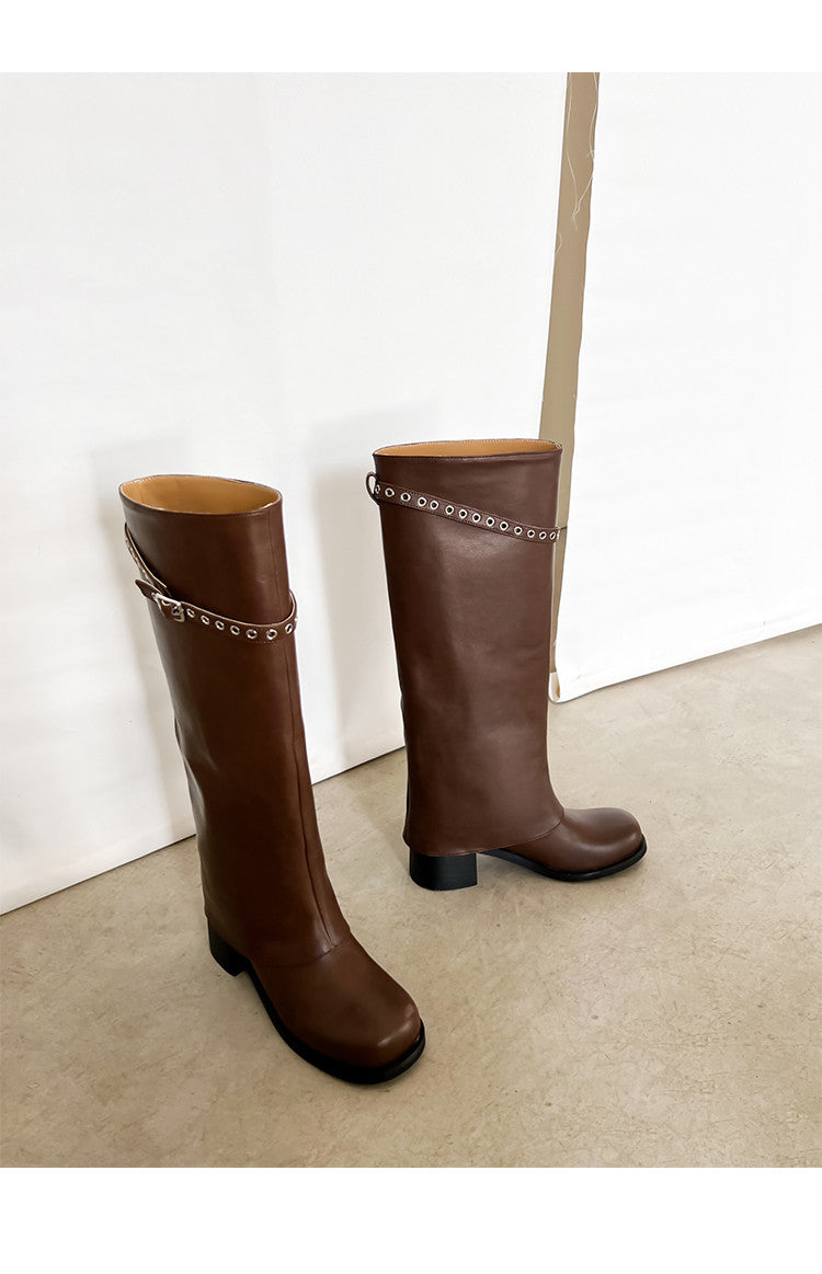 Karin Luna In Stock Spot Goods Belt Buckle Color-Washed Casual Thick-Soled Bootcut Pants Boots
