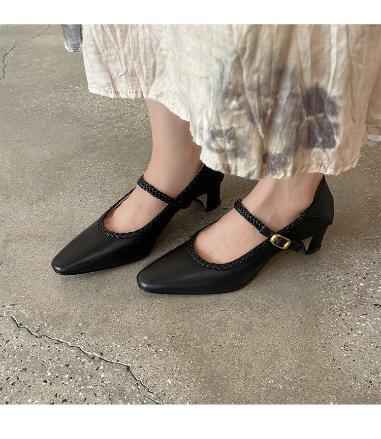 Karin Luna Braided Element Design Chunky Heel Square Toe Single Strap Shoes