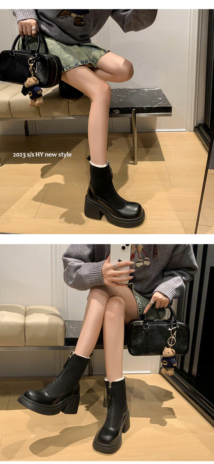 Karin Luna Basic Bestseller Timeless Thick Fur Lined Round Toe Thick Sole Cowhide Snow Boots