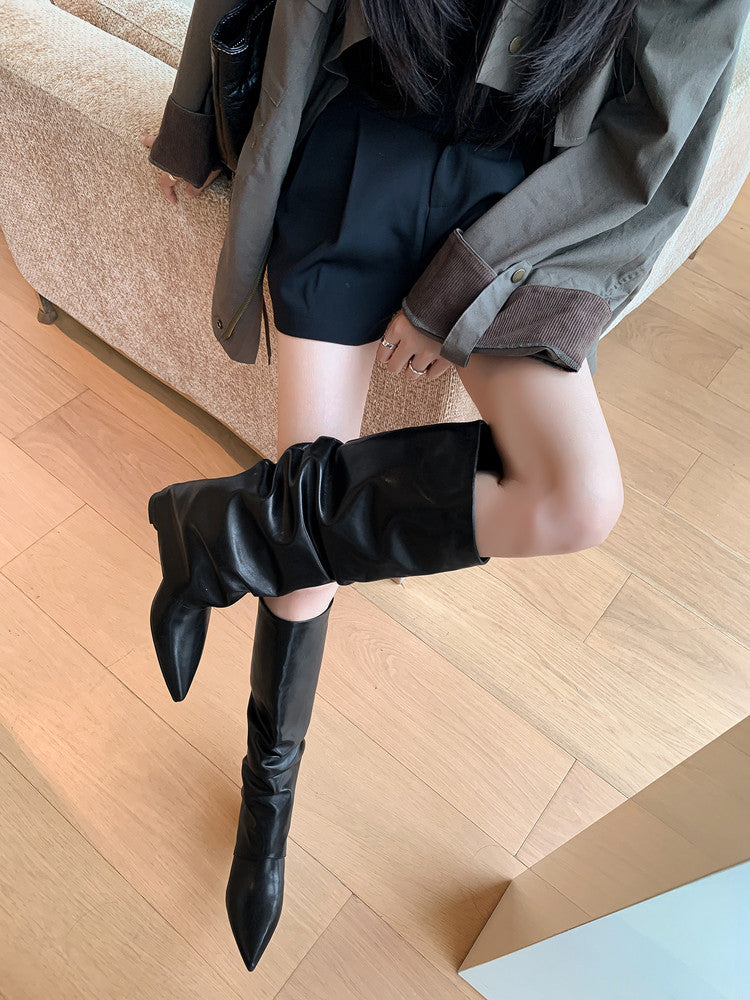 Karin Luna Elegant Style Pointed Toe Hidden Wedge Long Boots