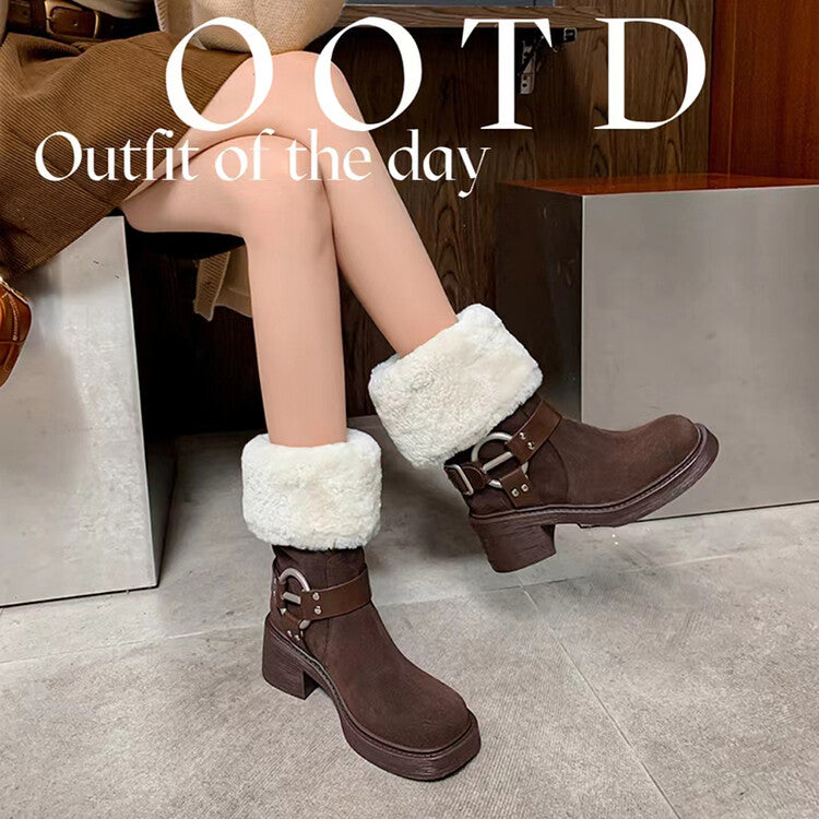 Karin Luna Genuine Lamb Wool and Cowhide Leather Hot-selling Metal Buckle Round Toe Chunky Heel Main Push Main Push