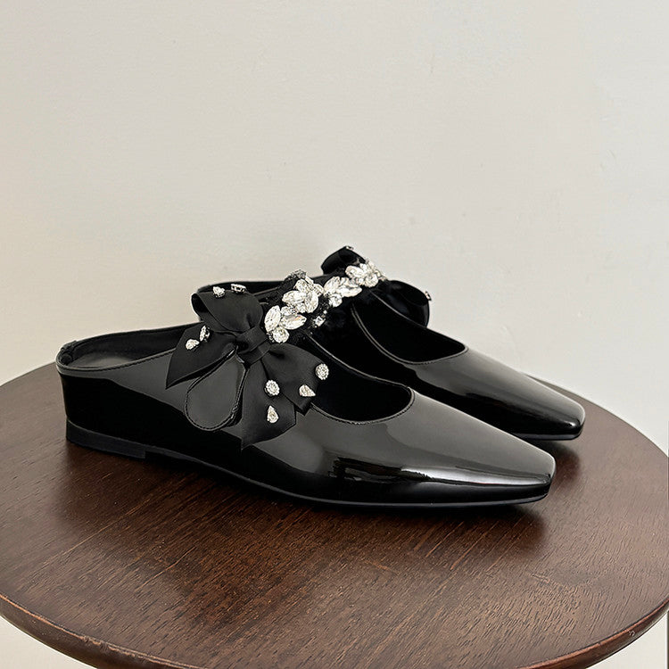 Karin Luna Handmade One-Strap Rhinestone Ribbon Square-Toe Mules