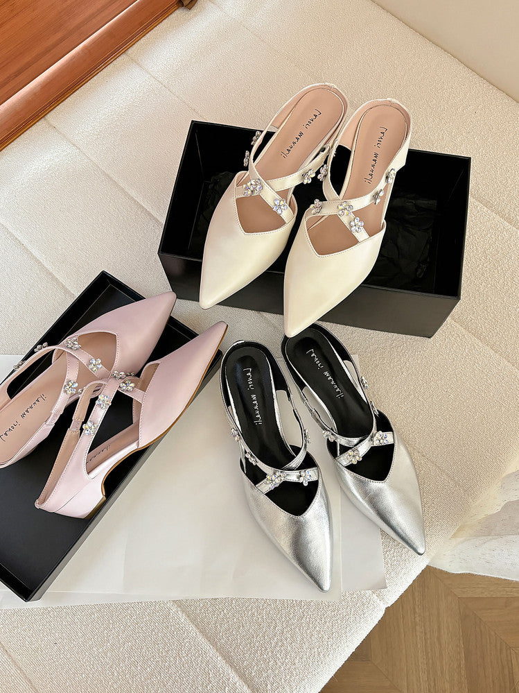 Karin Luna Elegant Pointed Toe Rhinestone Flower High Heel Mules
