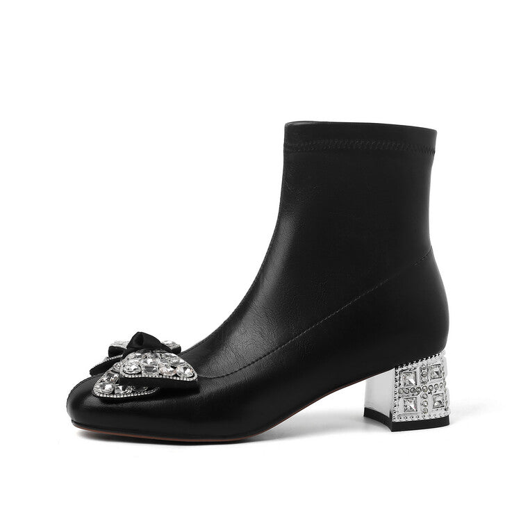 Karin Luna In Stock   Rhinestone Bow Thick Heel Slim Boots