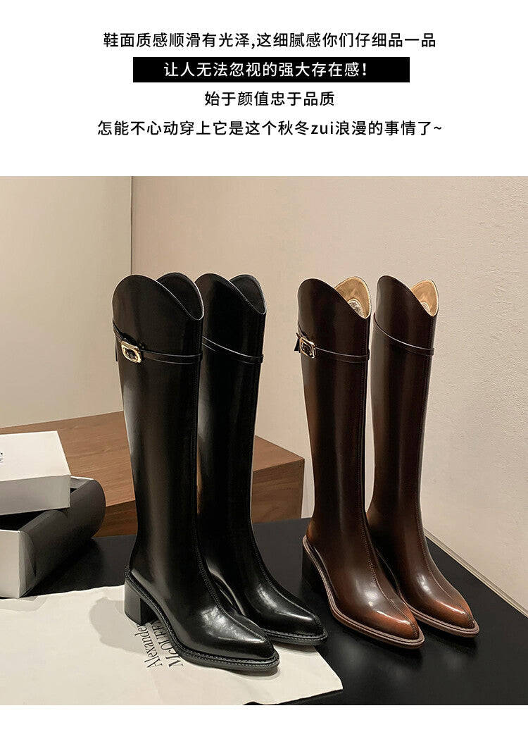 Karin Luna Bestseller  Popular Understood everything  Basic Elegant Outfit Pointed Toe Chunky Heel Full Cowhide I Am A Knight Boots