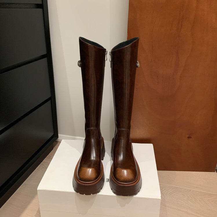 Karin Luna In Stock In Stock  Round Toe Thick Sole Belt Buckle Side Zipper Knight Boots