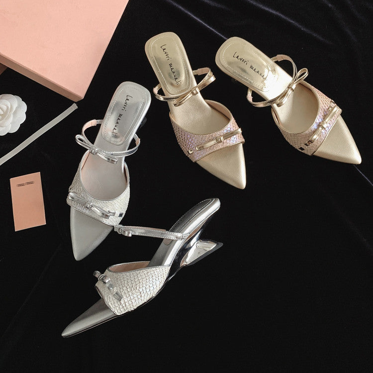 Karin Luna Fish Skin Series~Pointed Toe Irregular Heel Bowknot Strap Slippers