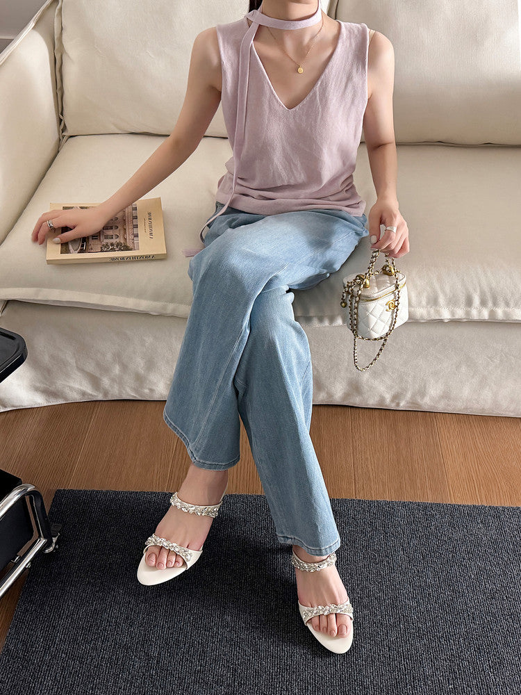 Karin Luna Exquisite Round Toe One-Strap Rhinestone Thin Heel Slippers