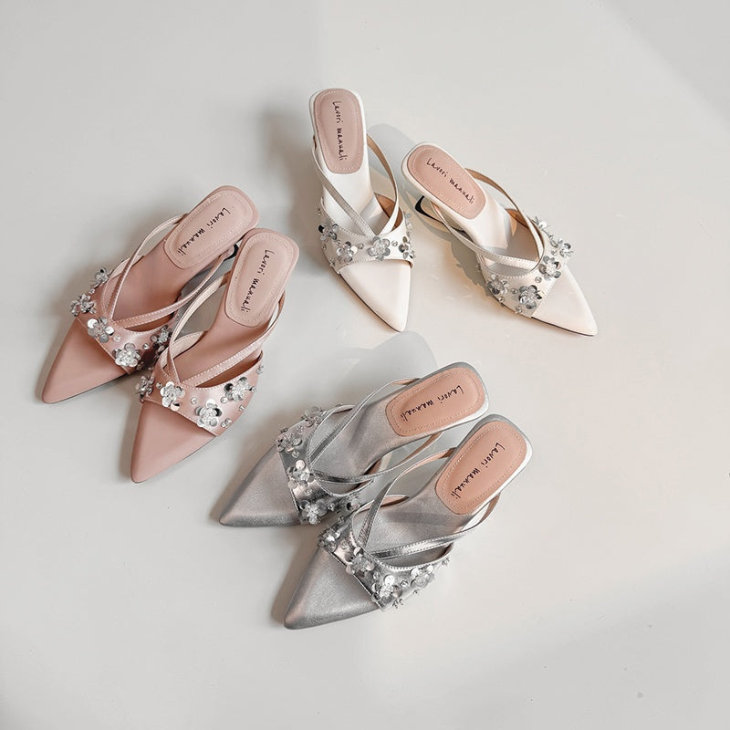 Karin Luna Bestseller Sequin Elements Elegant Pointed Toe Irregular Heel Slippers
