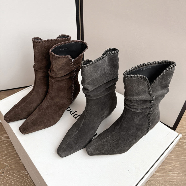Karin Luna Small Square Toe Retro Ruched Pile Short Boots