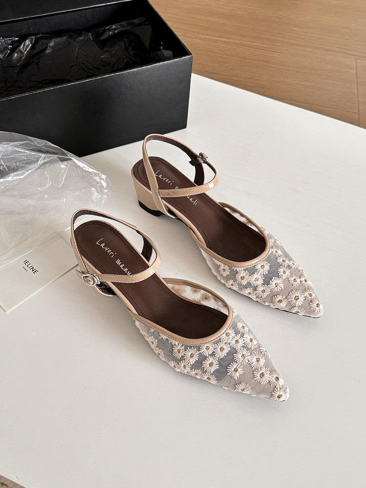 Karin Luna In Stock Spot Goods Embroidered Daisy Sheepskin Mesh Elegant Closed-Toe Slippers