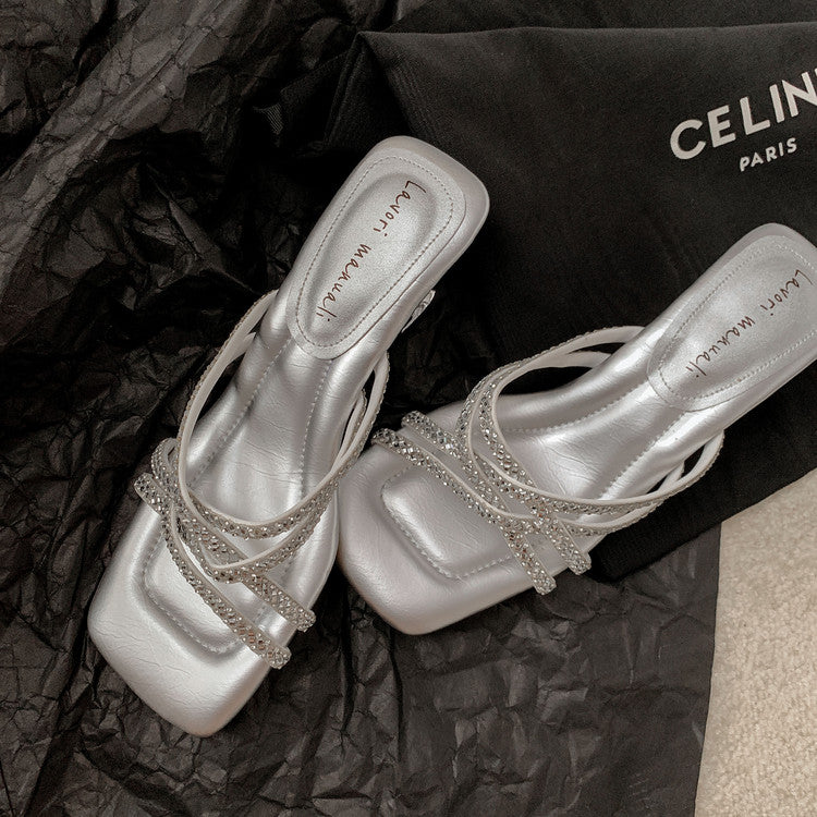 Karin Luna In Stock Spot Goods  Rhinestone Cross Strap Square Toe High Heel Slippers