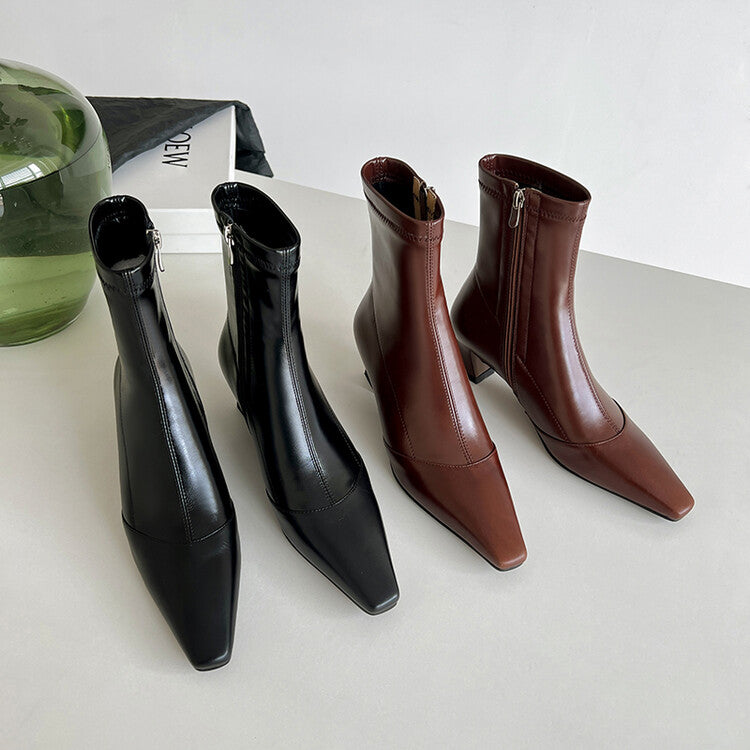 Karin Luna Elegant Small Square Toe Chunky Heel Slim Boots