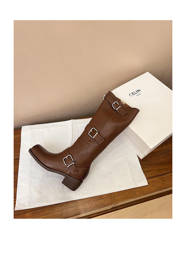 Karin Luna In Stock In Stock European and American Style Square Toe Thick Sole Belt Buckle Long Boots