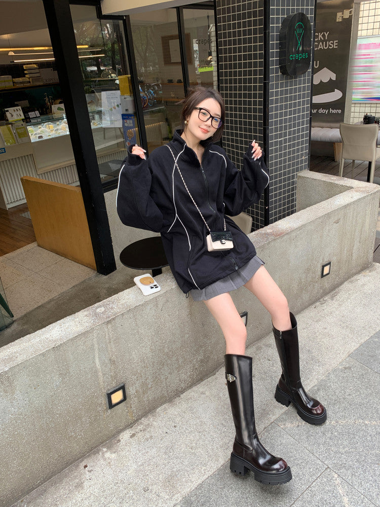 Karin Luna In Stock In Stock  Round Toe Thick Sole Belt Buckle Side Zipper Knight Boots