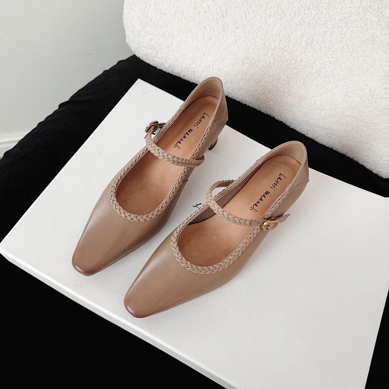 Karin Luna Braided Element Design Chunky Heel Square Toe Single Strap Shoes