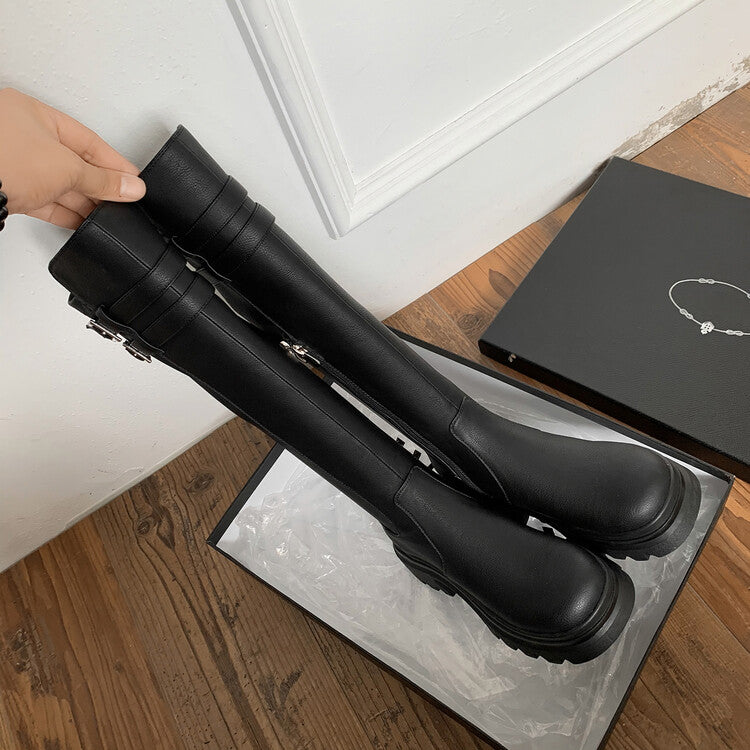 Karin Luna In Stock  Round Toe Thick Sole Casual Belt Buckle Long Boots