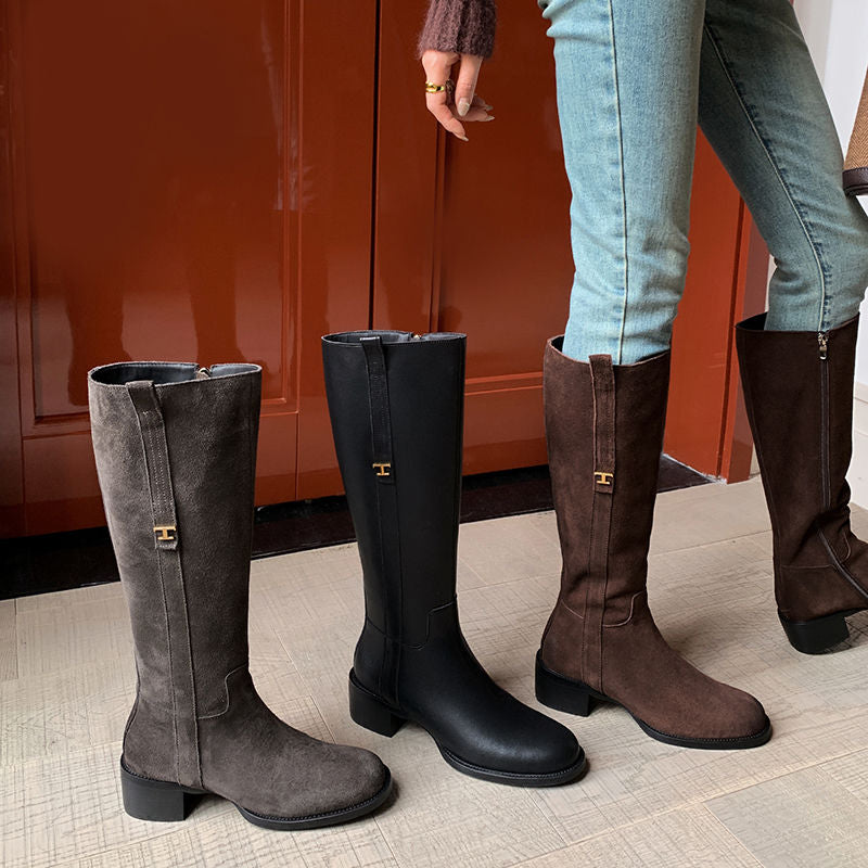 Karin Luna In Stock Spot Goods Basic Retro Square Toe Chunky Heel Riding Boots