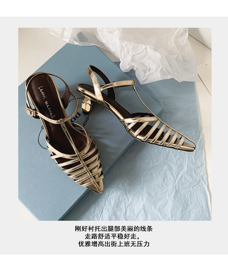 Karin Luna French Hollow Toe Metal Heel Elegant Sandals